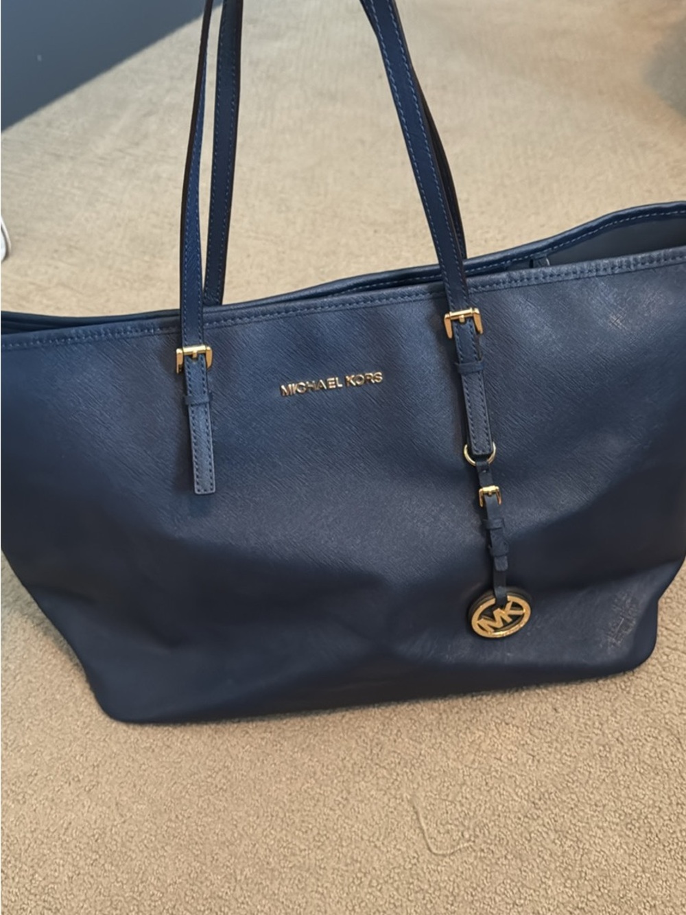 Michael Kors Blue Leather Tote with Gold Accents